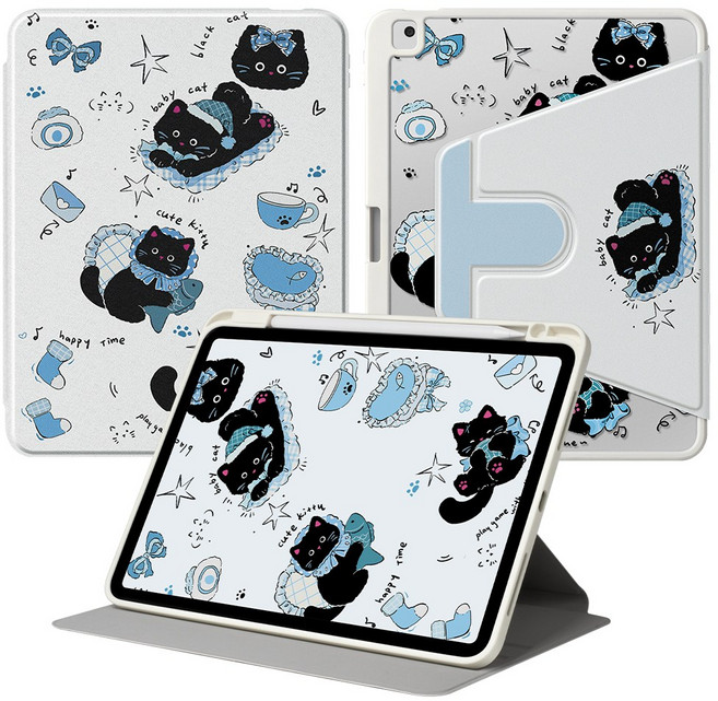 DUNNO 360도 회전 가능 펜슬수납 아크릴 아이패드 케이스, 1개, 6-Graffiti Black Cat