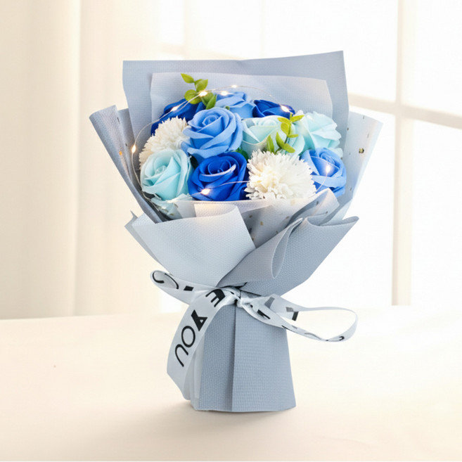 어버이날 꽃다발 스승의날 조화 장미 비누꽃다발 LED전구 쇼핑백 편지 세트, 1개, 블루