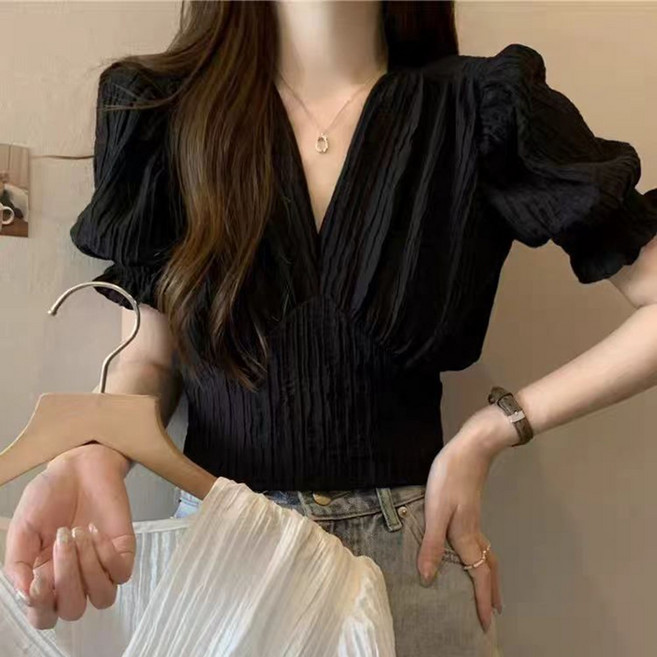 AURALA 여성 슬림핏 패션 브이넥 블라우스 캐주얼 퍼프소매 반팔티