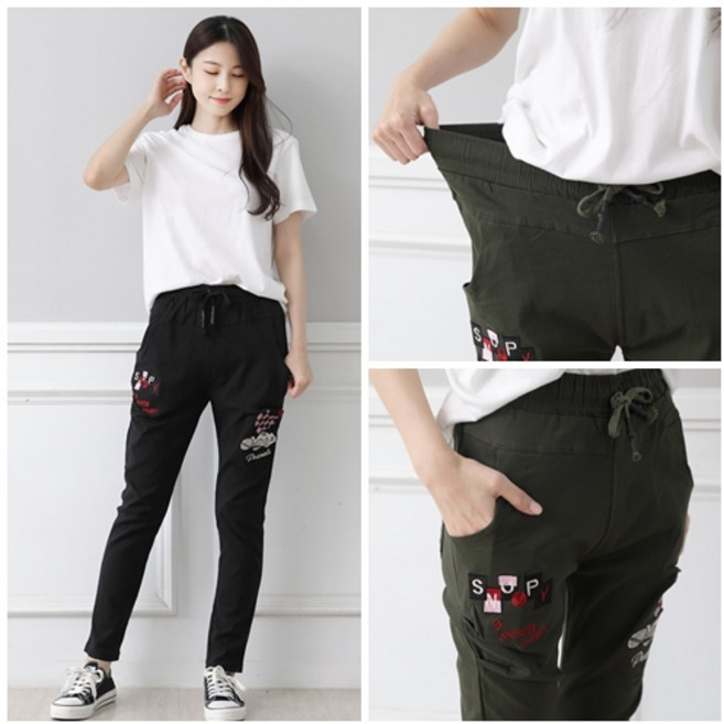 오지다 여성용 스누피 스판 배기팬츠