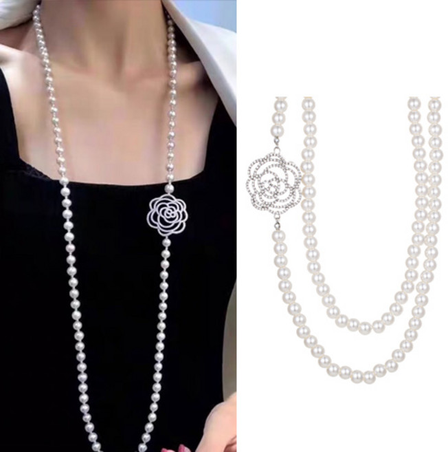 파티 모임 행사 공연 클래식 큐빅 플라워 롱 진주 목걸이 A1866