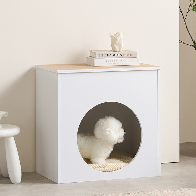 잉글랜더 오트 강아지집 고양이 숨숨집 겸용 협탁 600*600, 화이트+오크, 1개