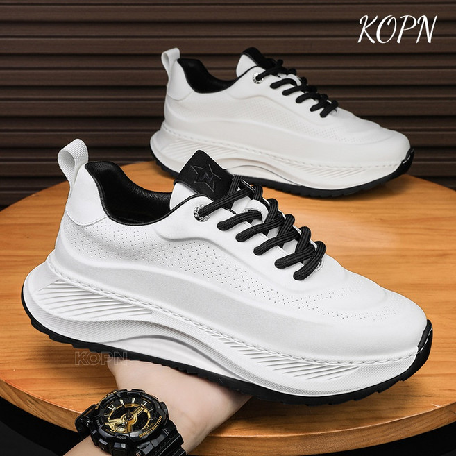 KOPN 남자 신발 가죽 캐주얼 신발 키높이 아버지 신발 크로스보더 두꺼운 바닥 판화 운동화 남자 흰색 신발