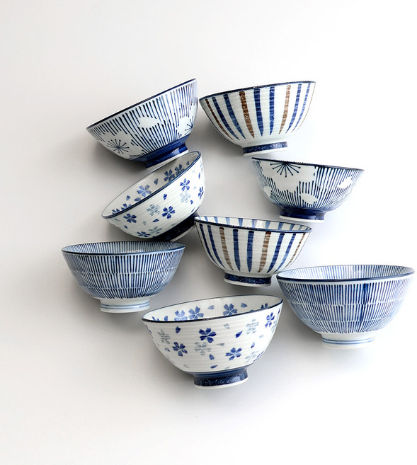 일본 도자기 8종 공기대접세트 밥공기 국그릇 8P 4인세트, 1박스, 공기4개+대접4개, 혼합색상