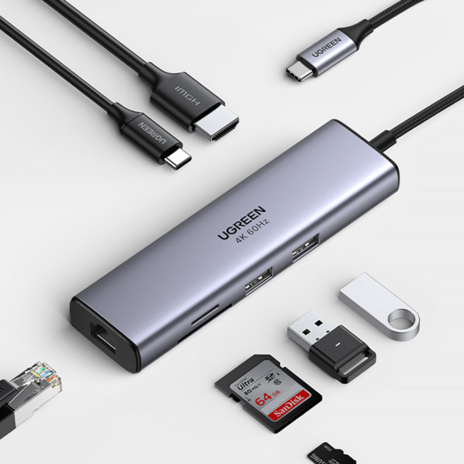 UGREEN USB 허브 7-in-1 C타입 HDMI SD 및 TF 5Gbps USB3.0 PD100W 노트북 맥북 액세서리 USB 스플리터 도킹 스테이션, [01] 7-in-1, 1개
