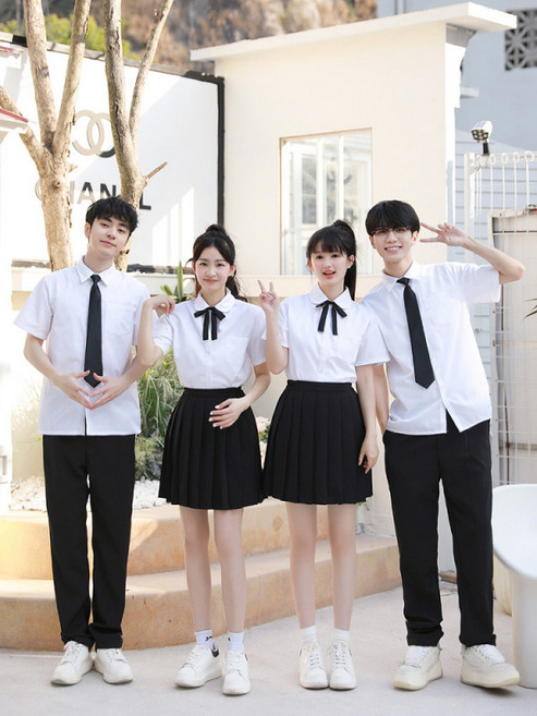 대만교복 일본식 하이틴 반팔 학생복 코스프레 여성 반팔 셔츠+블랙 미니 스커트+보타이 XS