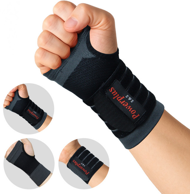 파워플러스 얇은 손목보호대 장갑형 테이핑 국내제작 압박 밴드 아대 건초염 골프 통증 의료용, 블랙, 2개