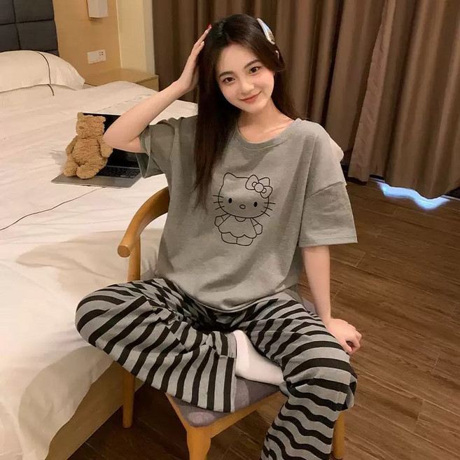 THE HONG 100% 순면 블랙 캣 헬로키티 여성 반팔 홈웨어 잠옷 세트