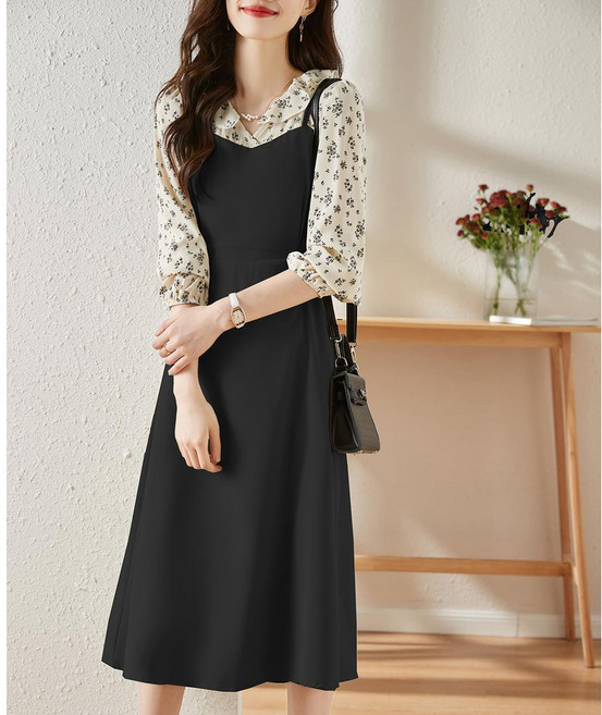 POMTOR 여성 봄 가을 플라워 긴팔 미디 쉬폰 원피스