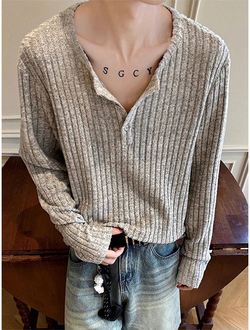 【高級感正肩】亨利領T恤 針織衛衣 打底衫 長袖T恤 男裝上衣 秋季內搭 灰色系 修身版型 通勤休閒疊穿