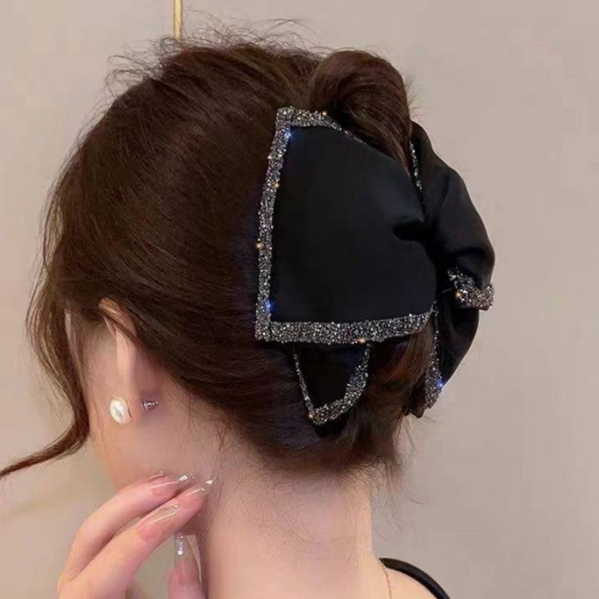 우아한 블랙 쉬폰 곱창 헤어핀 반짝이 리본 집게핀 포인트 집게핀