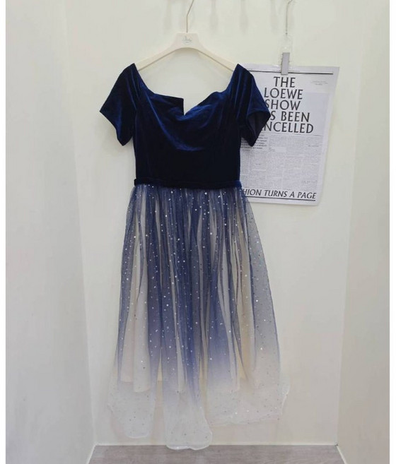 雪莉小姐 輕婚紗 尾牙服 伴娘服 晚宴服 一字領 拼接 漸層 網紗 洋裝 禮服, 藍色絨布款(L~2XL可穿)