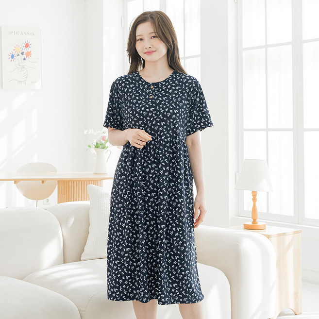 아킵 버튼 반팔 원피스 데일리 홈웨어 냉감 잠옷