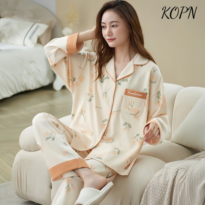 KOPN 파자마 여자 봄 가을 순면 긴팔 캐릭터 세트 한국판 플러스 롱 가비 가을 여자 집 큰 사이즈 5XL