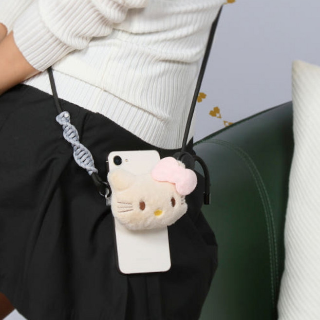 키티 인형 손잡이 크로스 목걸이 스마트폰 핸드폰스트랩 폰홀더 분실 도난방지 넥스트랩, 1개, 화이트&레드리본/패턴&핑크크로스스트랩