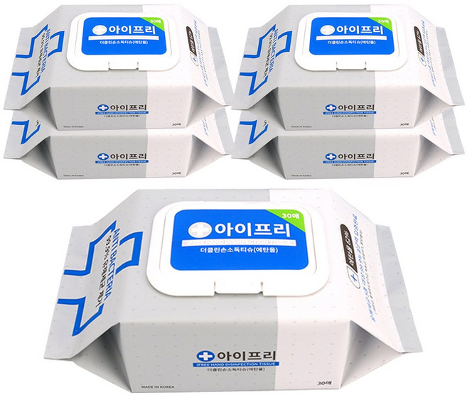 아이프리 살균 손 소독 티슈 캡형, 30매, 5개