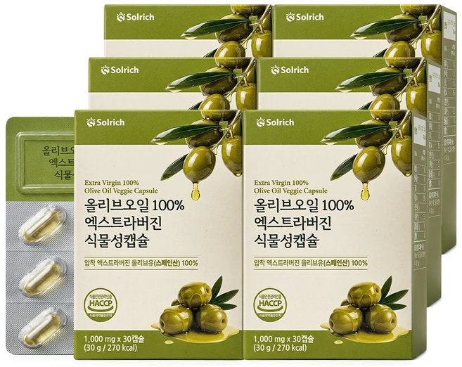 올리브오일 100% 엑스트라버진 식물성캡슐 HACCP 식약청인증, 6개, 30정 - 쿠팡