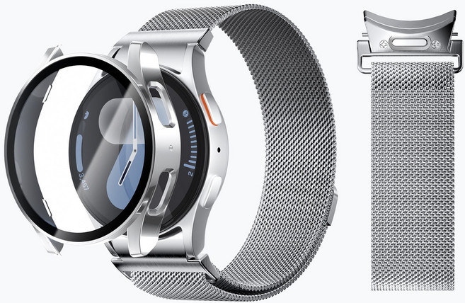 AITEWO 갤럭시워치 애플워치 호환 스트랩 마그네틱 밀레니즈 메탈 밴드 시계줄 액정보호 강화유리 풀커버 케이스 세트, 1개, 실버