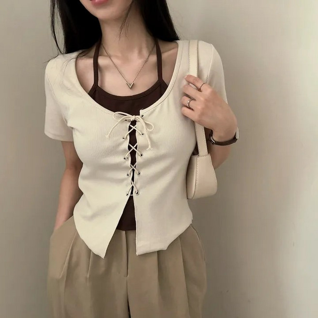 쪼예 봄 여름 배색 페이크 투피스 홀터 코르셋 반팔 크롭 티셔츠