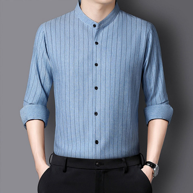 AOKADA 중년 남성 봄 가을 슬림핏 차이나넥 스트라이프 긴팔 셔츠 캐주얼 남방