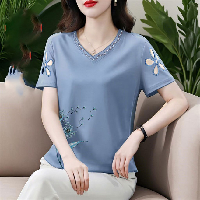 AOKADA 중년 여성 반팔 티셔츠 브이넥 메쉬 여름 엄마옷 반팔티