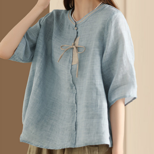 Choyur여성 봄여름 리넨 넉넉한 반팔 블라우스 간편한 라운드넥 버튼없음wjj