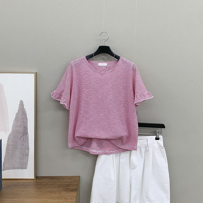 [행복여] 써니 프릴 소매 스트라이프 반팔 티셔츠