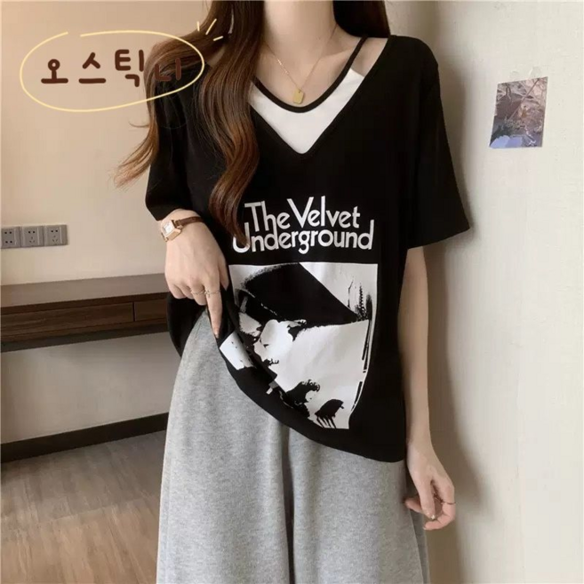 오스틱니 100kg까지 빅사이즈 초특가 특가상품 날씬해보이는 심플 프린트 V넥 시원한 반팔 티 여름 여성 편한 무지 루즈핏 얇은 박스티 캐주얼 티셔츠