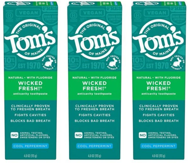 메인의 톰스 위키드 프레시! 천연 불소 충치 예방 치약 쿨 페퍼민트 3팩 4.0온스, Peppermint, 4 Ounce (Pack of 3), 1개 - 쿠팡