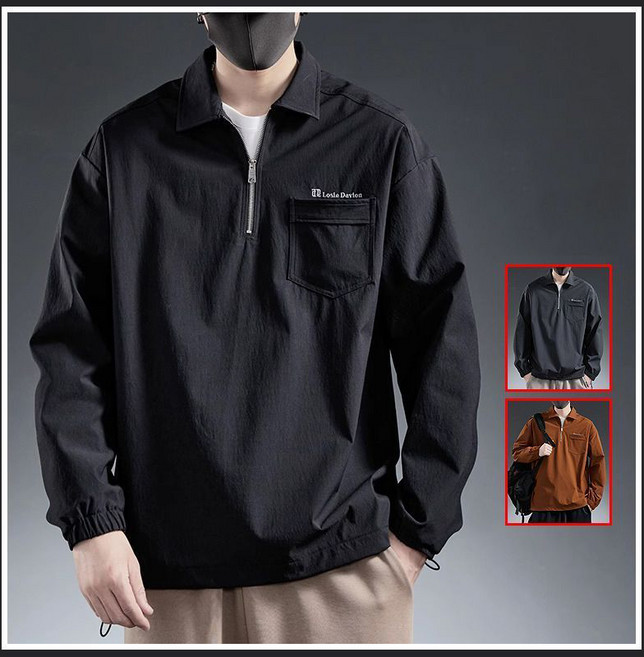 WEIHAN 남성 봄가을 캐주얼 맨투맨 루즈핏 속건 바람막이 셔츠 반집업 긴팔티셔츠 남자상의