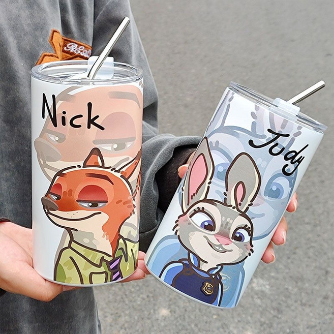 주토피아 닉 주디 보온 텀블러 휴대용 빨대컵 캐릭터 굿즈 600ml, 1개