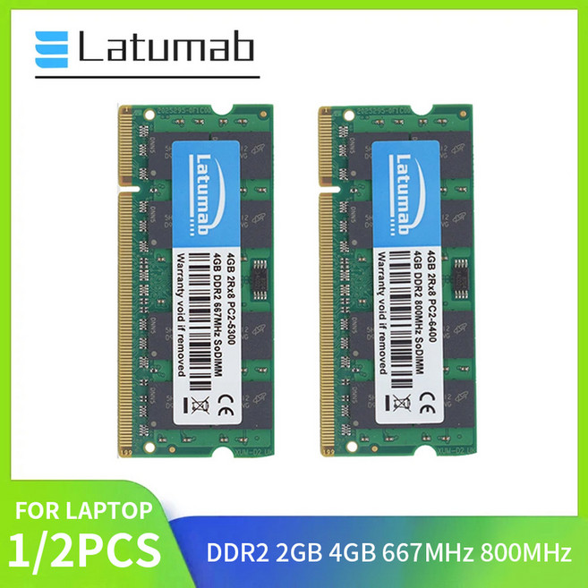 Latumab 노트북 RAM DDR2 4GB 2GB 메모리 667MHz PC2 5300 800MHz 6400 SODIMM 1 8V 높은 호환성, 1x 2GB 667MHz