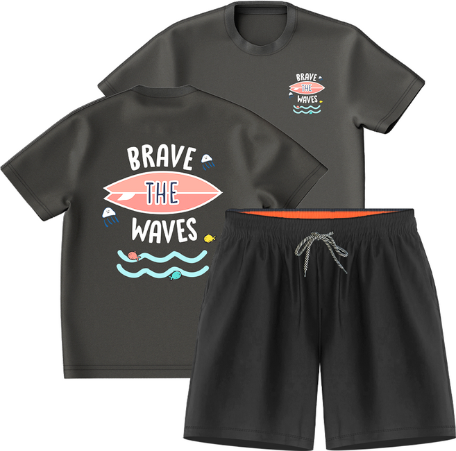 몰토벨리노 썸머 비치 프린팅 오버핏 반팔 레쉬가드 4부 비치바지 상하세트, 브레이브웨이브829