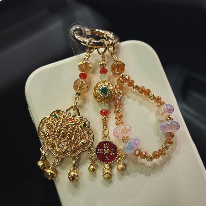 新中式金色平安鎖手機掛件 車鑰匙吊飾 開運吉祥飾品, 1個, W-金色平安鎖手機鏈, 金色