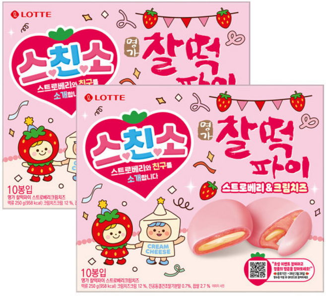 롯데웰푸드 찰떡파이 스친소 명가 스트로베리&크림치즈, 250g, 2개