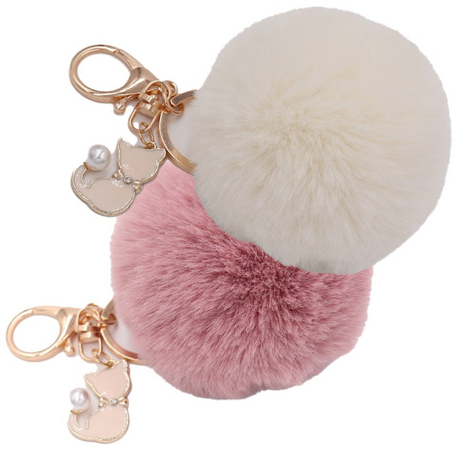 수수보따리 고양이 털방울 키링 1+1세트 가방 악세서리 자동차키링 폼폼키링 고양이펜던트 고양이인형 열쇠고리, 아이보리+딥핑크, 1세트