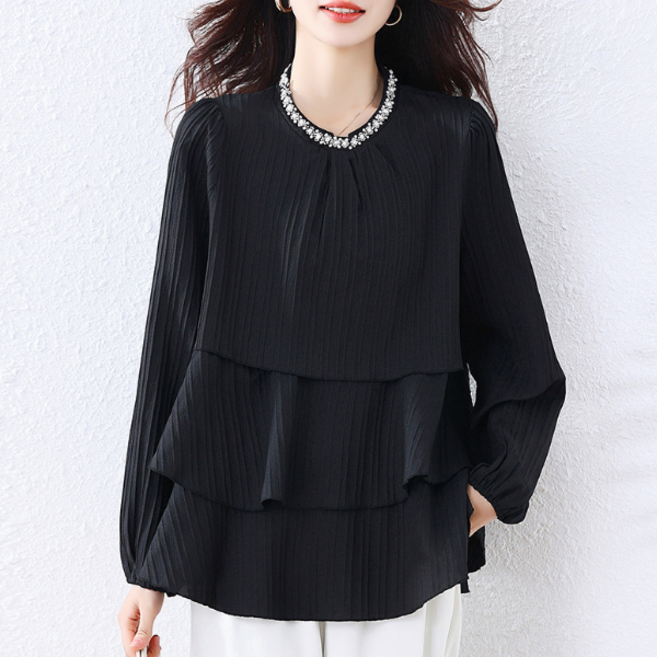 루루뷰티패션 빅사이즈 중년 여성 큐빅 보석 라운드넥 플리츠 캉캉 스타일 블라우스 KJK-E0360