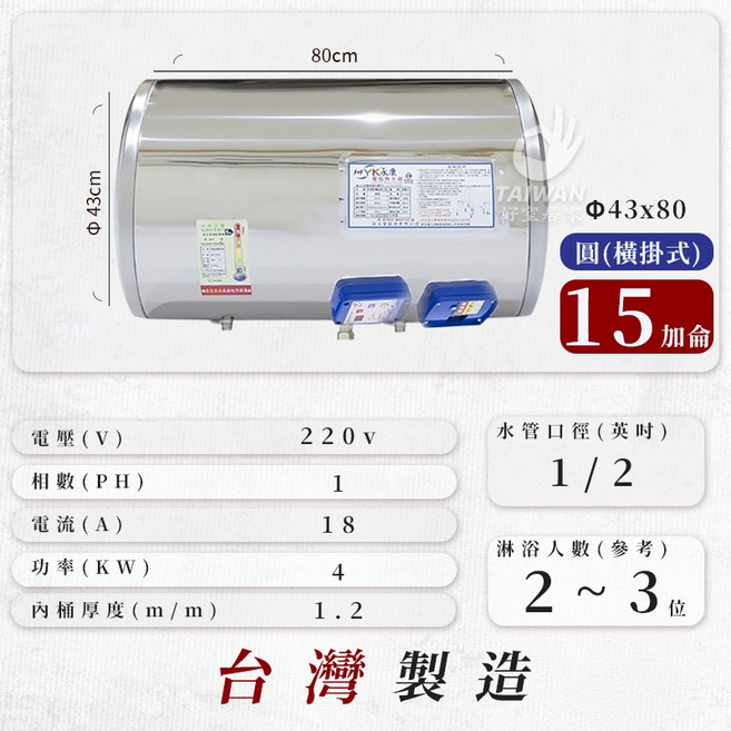 永康日立電 EH-15AT 直掛式 儲存式電能熱水器 15加侖, AT型定時定溫型 [橫掛]