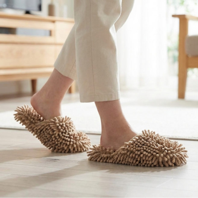 [맑음하우스] 발로 쓱싹 모던 셔닐 청소슬리퍼 두꺼운 바닥 층간소음슬리퍼 목욕타올원사 고급 거실화, 1개, 베이지