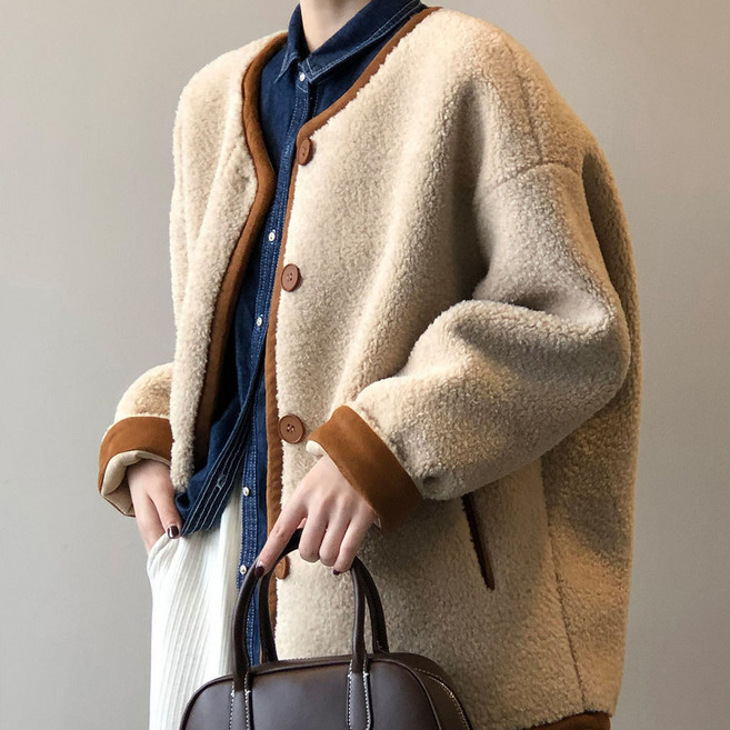 羊羔毛外套女 2023秋冬新款加絨加厚保暖顆粒絨防寒寬鬆
