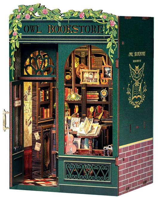 핸즈크라프트 diy 미니어처 하우스 북눅 북엔드 부엉이 서점, 1개