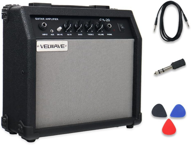 일렉트릭 기타 앰프 20W 블랙 휴대용 스마트 6.5인치 스피커 6.5mm 입력 3.5mm 보조 드라이브 게인 베이스 트레블 볼륨 및 헤드폰 잭 연습, 검정