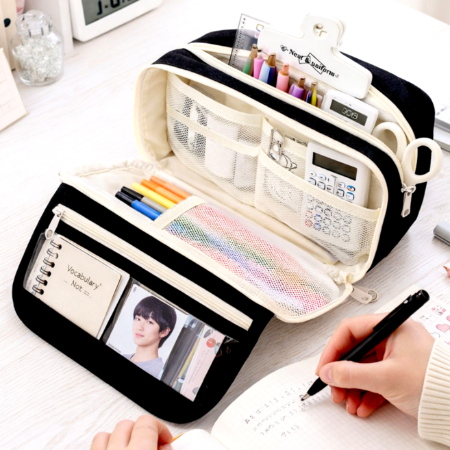 픽앤비 대용량 펼침형 9칸 수납 필통, 1개, 블랙