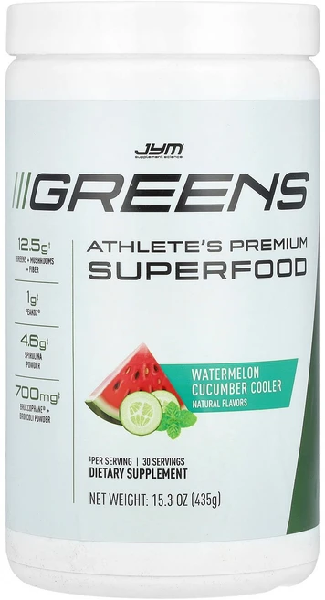 JYM Supplement Science Greens Athlete's Premium Superfood Watermelon Cucumber Cooler 15.3 oz 4, JYM Supplement Science, Greens, 435g, 1개 - 쿠팡