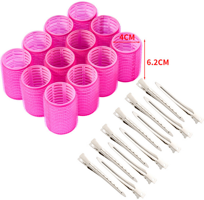 捲髮器現貨歐美無需加熱的大卷發器捲髮筒套裝劉海卷自粘捲髮筒卷, 如图, 玫紅色套裝【12捲髮筒+12金屬夾子】