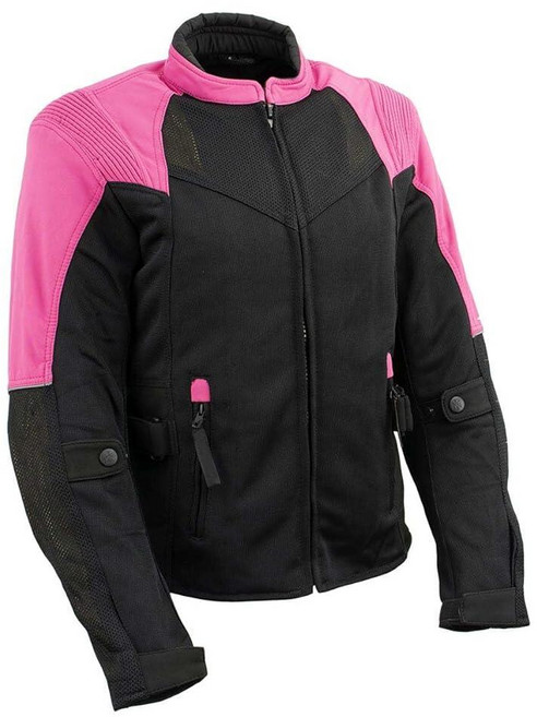 Milwaukee Leather Women’s Classic Textile Crossover Motorcycle Jacket - 1300D Nylon Vented All-S, Large, Mpl22702-blk/Fusc-htpink