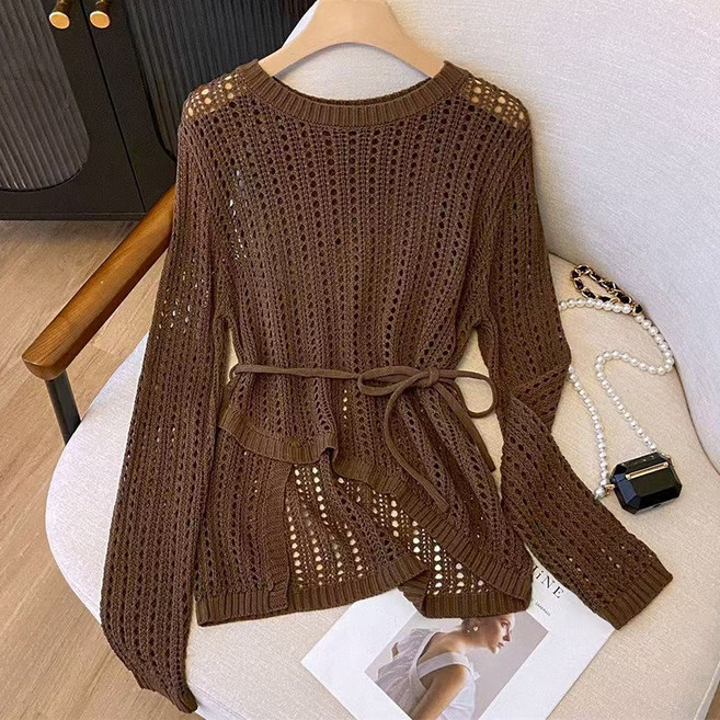 스타일아유 여성 라운드넥 니트 시스루 롱슬리브 비대칭 스트랩 루즈핏 썸머 캐주얼 KN2129