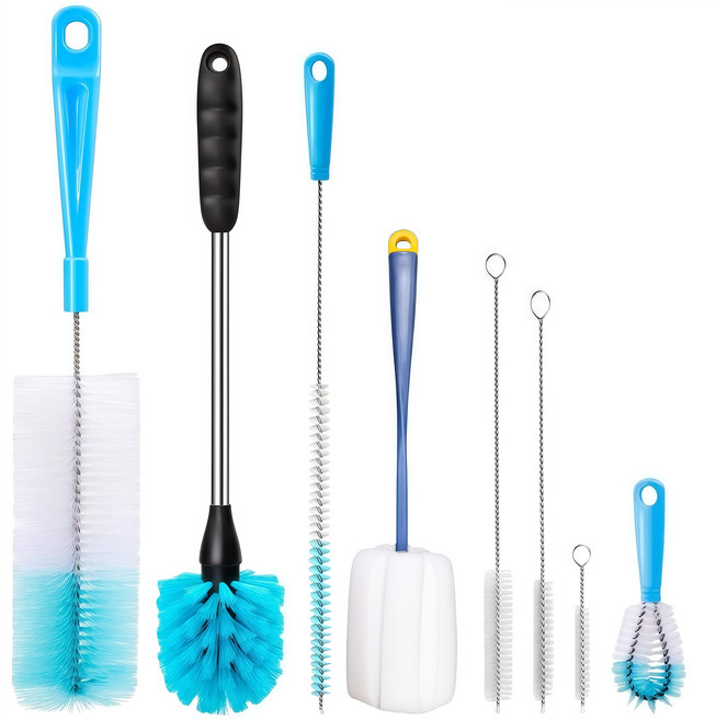 병 청소솔 8종 세트 긴 손잡이 좁은 병 전용 스포츠 텀블러 와인 디켄터 젖병 빨대 세척 주방 다용도 와이어 스크럽 브러시, 1세트, blue