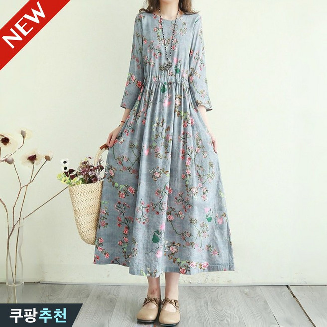 (세일 추천) 85kg까지 빅사이즈 여성 복고풍 플라워 허리꼬임 롱 원피스 여름 편한 허리스트링 핀턱 디자인 우아한 에스닉 중년여성 a라인 외출용 핏 예쁜 휴양지 7부소매 원피스