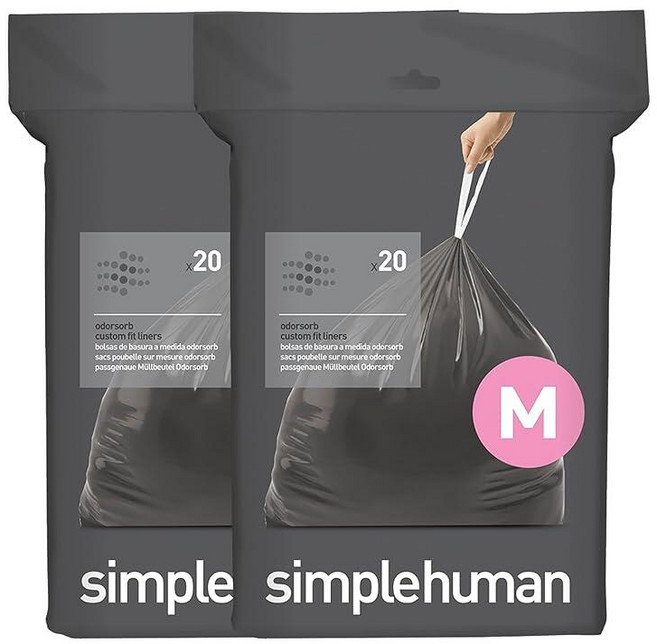 Simplehuman Code M 40개 정품 Odorsorb 맞춤형 핏 라이너 디스펜서 팩에 들어있는 드로스트링 냄새 흡수 쓰레기 봉투 45리터/12갤런